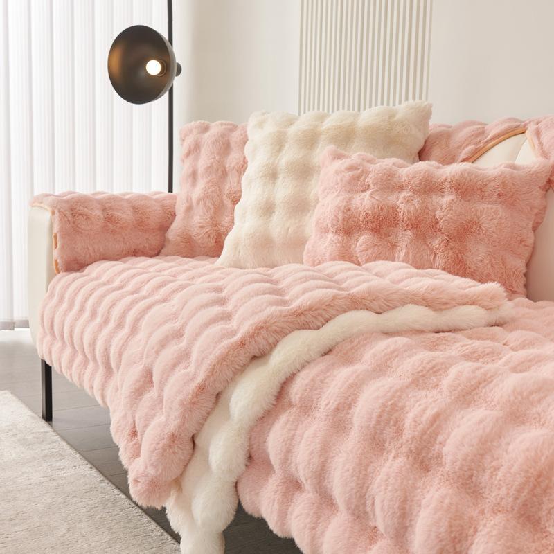 Winter Thickened Rabbit Plush Sofa Cushion Solid Colour Warm Sofa Cover Non-Slip Living Room Decorative Sofa Soft Backrest Towel