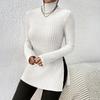 Women Knitting Tops High Collar Long Sleeve Slim Fit Sweater Tops Mid-length Side Split Design Solid Color Ribbed Tops