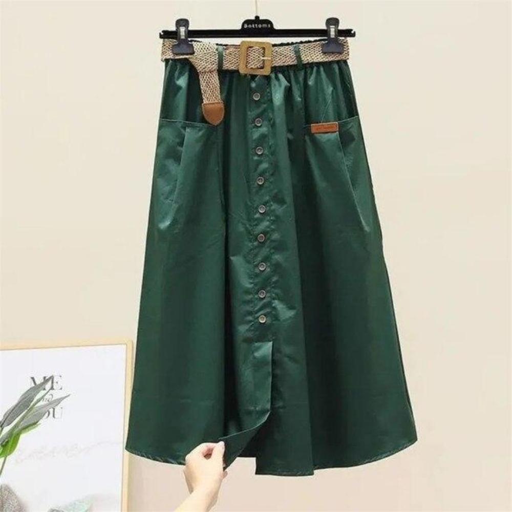 Cotton Midi Skirt With Belt Women Single -Breasted Large Pockets High Waist A -Line Skirt Autumn Summer Korean Fashion Long Skirt