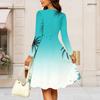 Women Plus Size Round Neck Long Sleeve Clover Printed A Line Flared Dress