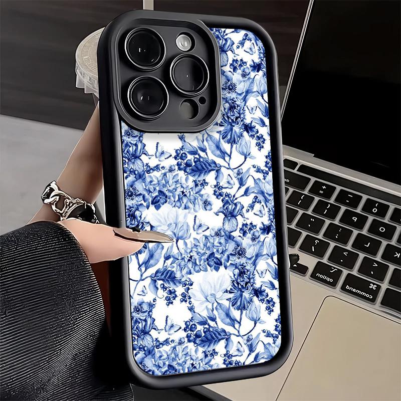 Чехол для телефона iPhone 17 Air 16E 15 16 Pro Max Сине-белый фарфоровый узор Чехол 14 Plus 13 12 Mini Мягкий корпус Силиконовый Забавный