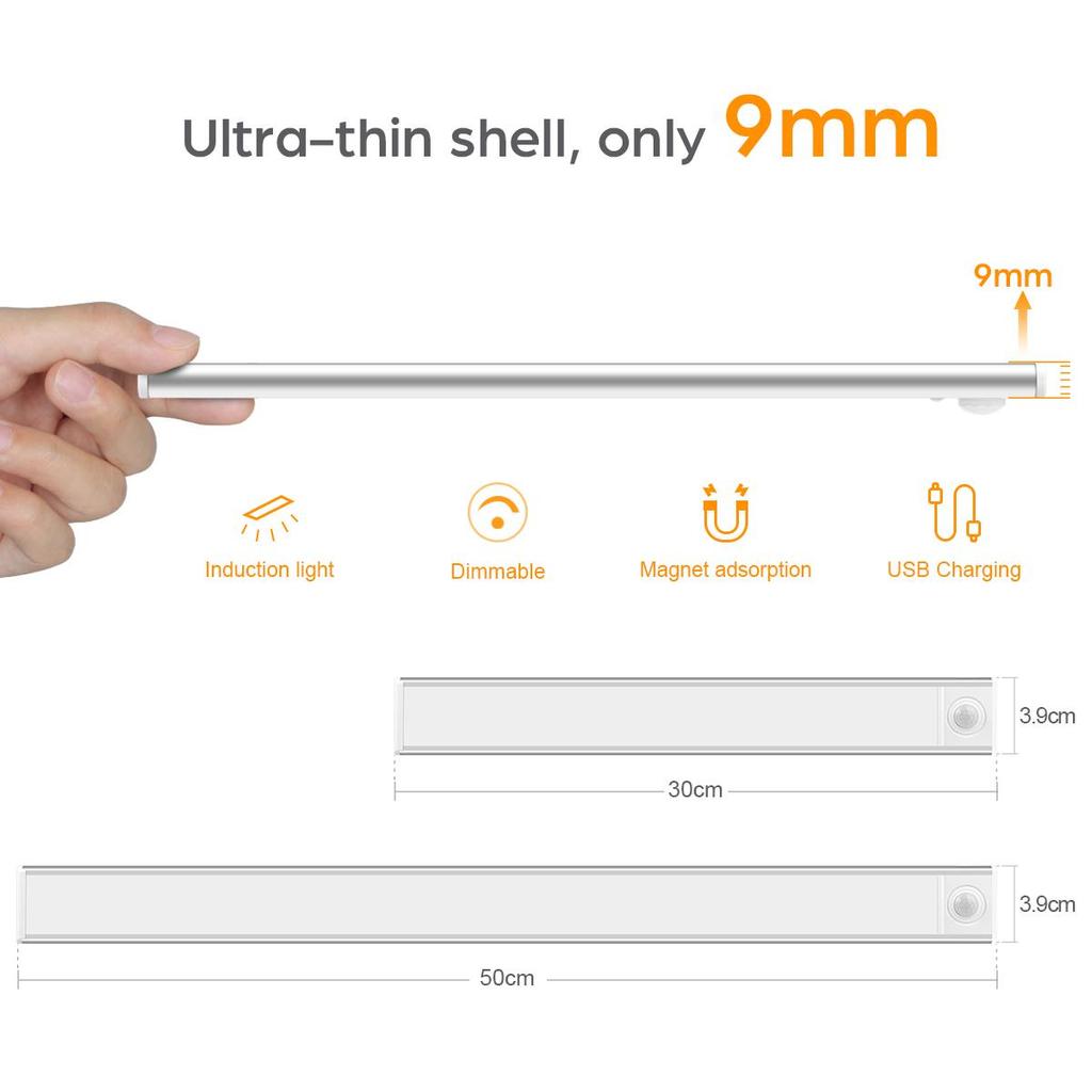 Светодиодный ночник с датчиком движения, перезаряжаемый через USB, 30/50 см, 3 цвета, датчик движения тела, магнитное крепление для шкафа, кухни