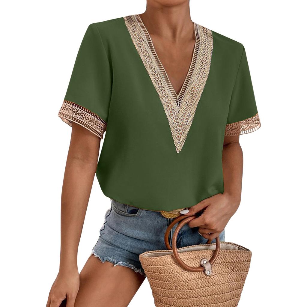Women's Fashion Solid Color Loose T-shirt Lace Lace Short Sleeve Chiffon Top