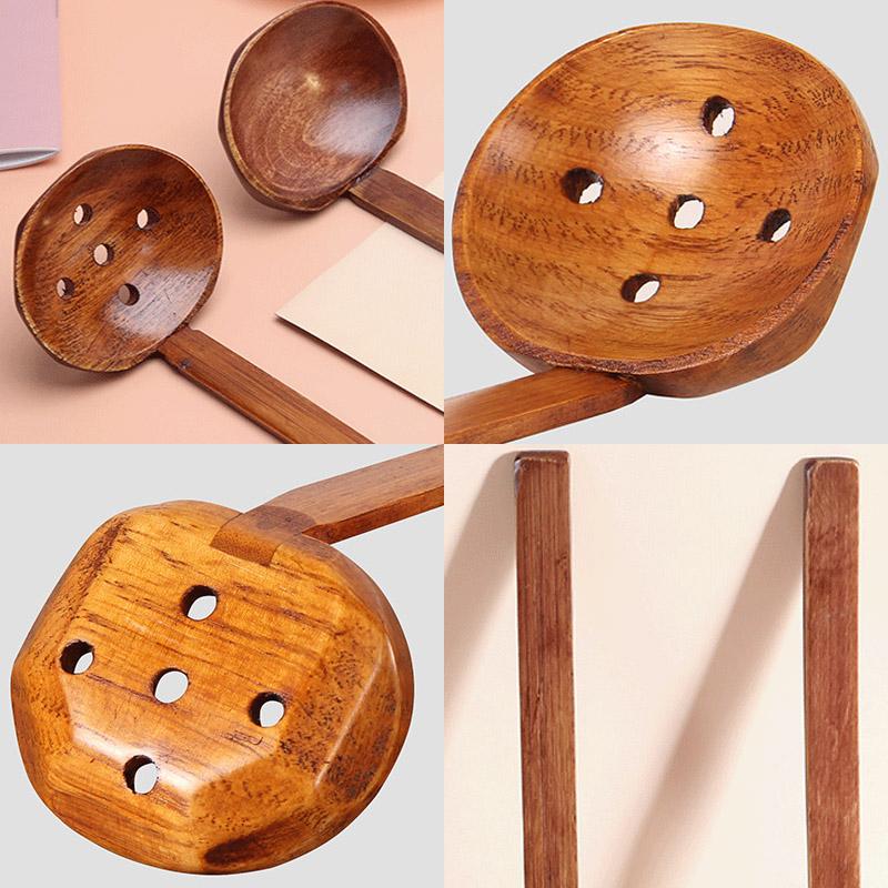Long Handled Soup Spoon Bamboo Wooden Lamian Noodle Strainer for Hot Pot Cooking Kitchen Slotted Ladle Home Utensil Accessory