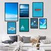WCIC New Modern Blue Simple Series Blue Sky, White Clouds And Sea Theme Decorative Painting Art Cloth Home Background Wall Decoration Hanging Painting