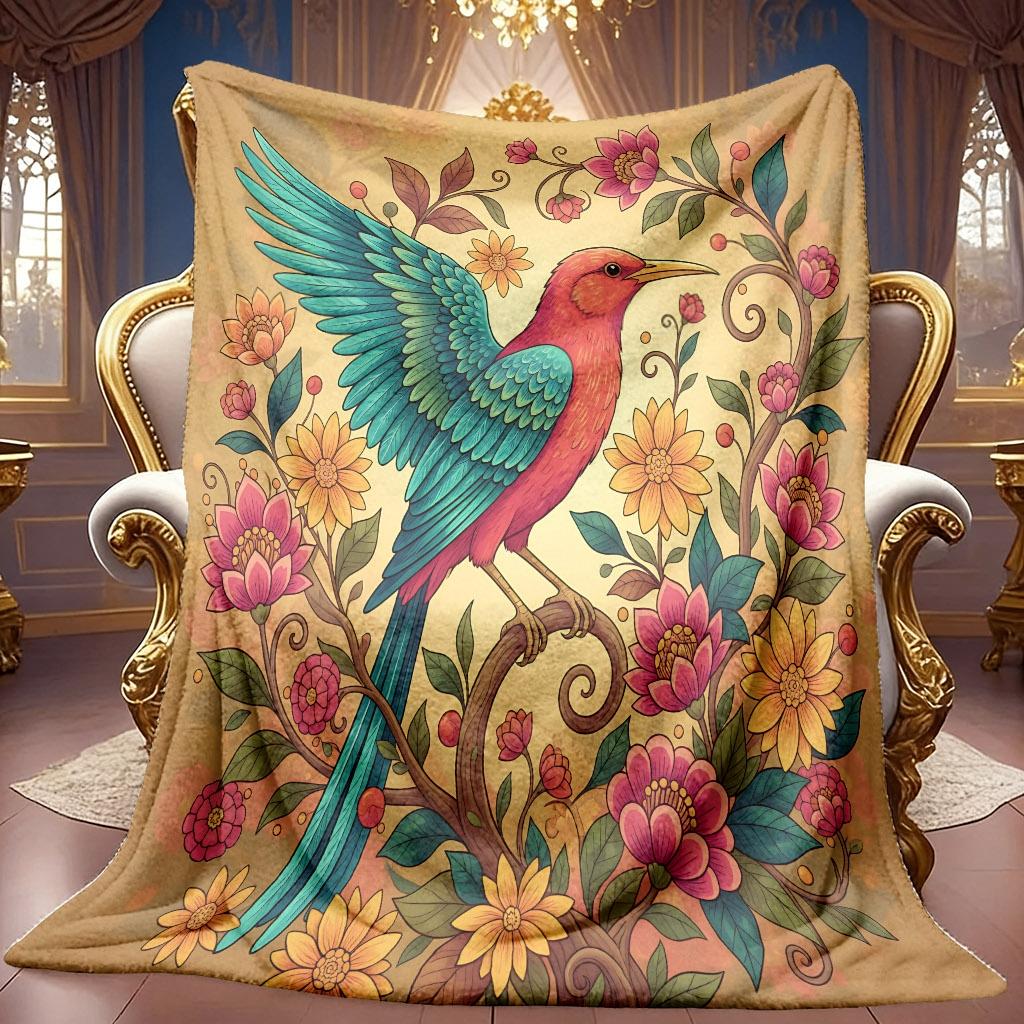A 2D Flannel Blanket Featuring a Colorful Floral and Bird-themed Pattern, with Soft High-definition Digital Printing. This Cooling Blanket Is Suitable