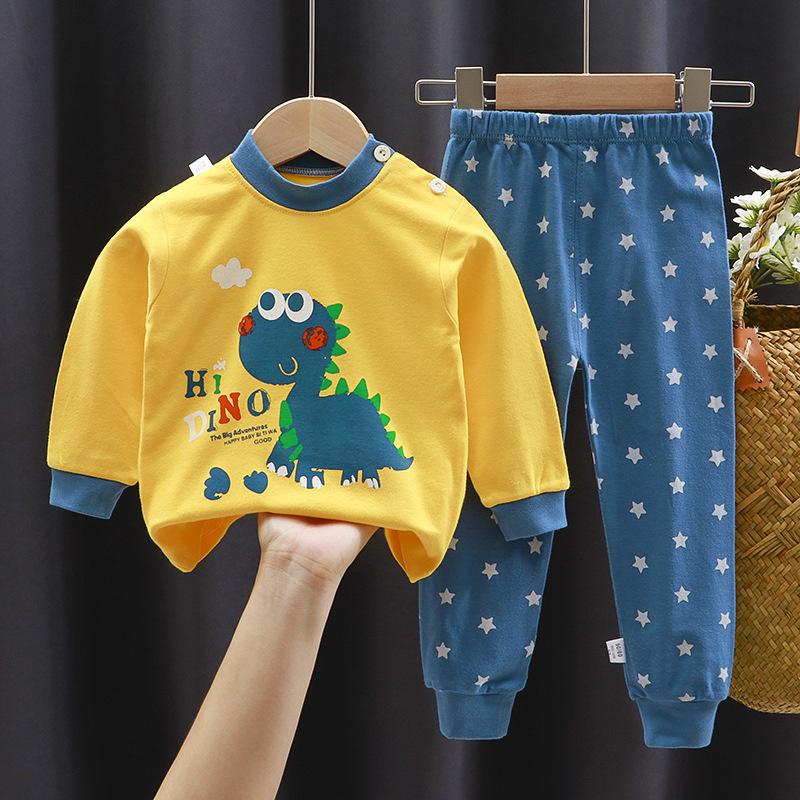 Cartoon Kids 100% Cotton Underwear Set Boys & Girls Thermal Pajamas Soft Long Sleeve Top & Pants Cozy Homewear & Sleepwear
