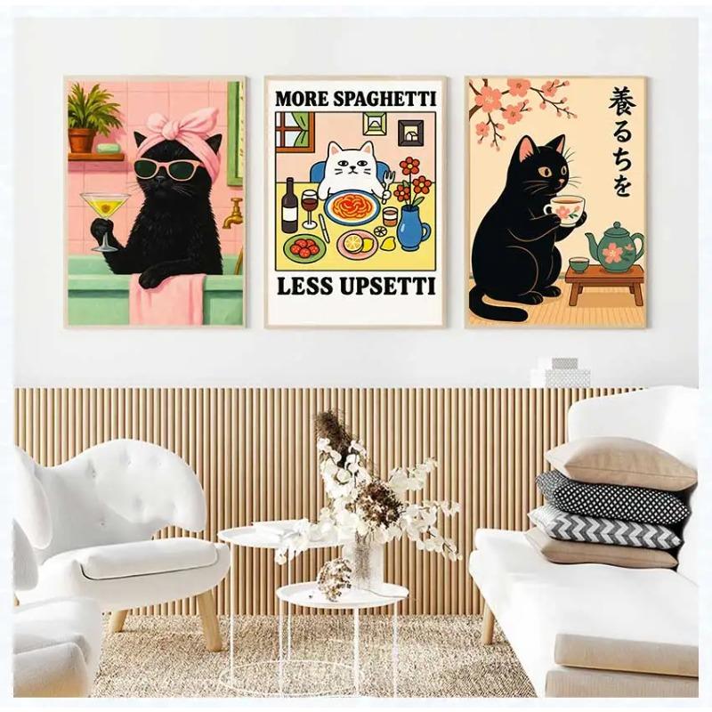 Cat with Cocktail Smoking Poster Canvas Painting Print Wall Art for Living Room Home Decor More Spaghetti, Less Upsetti Black
