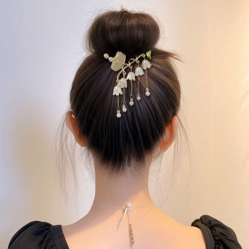 Vintage Lily of the Valley Tassel Hair Claw - Chinese Style Hair Clip for Bun & Half-Up Updo, Elegant Women's Hair Accessory