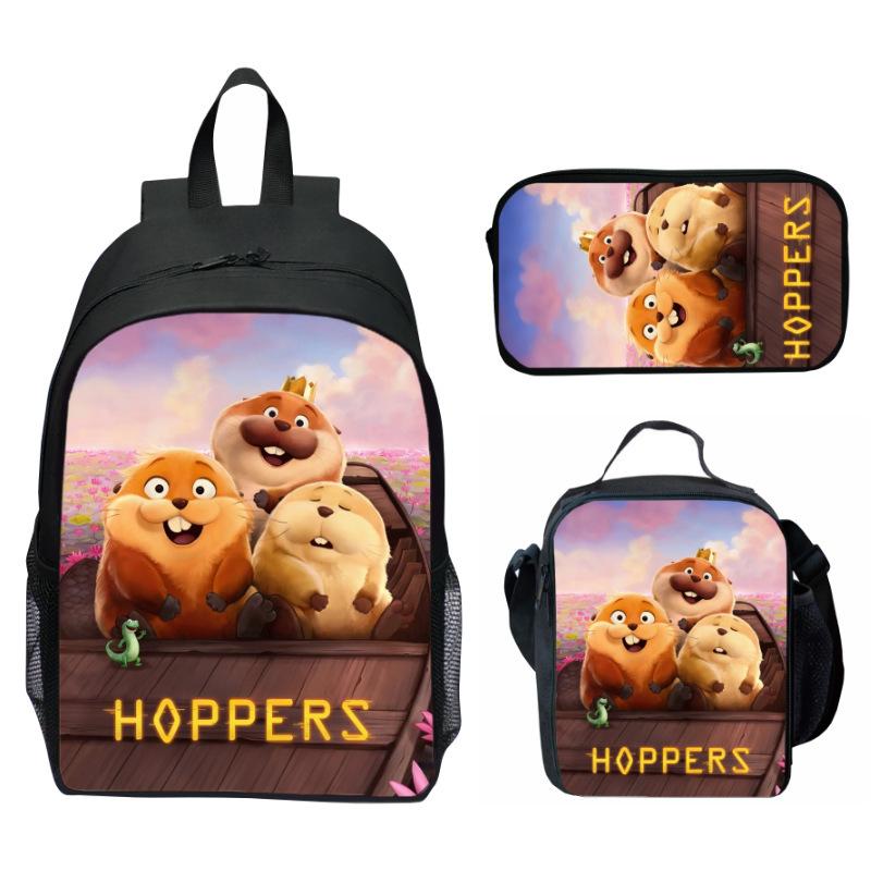 Hoppers Beaver Metamorphosis Print 3-Piece Set School Backpack Lunch Bag Pencil Case Cartoon Student Set