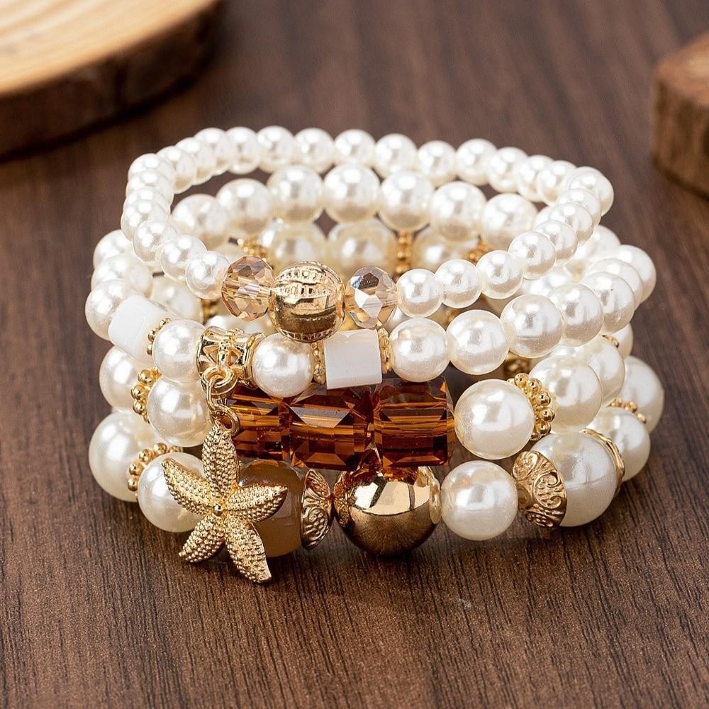 4pcs/set Ethnic Style Simulated Pearl Bracelets Bohemia Style Multilayer Hand Chain Casual Outfit