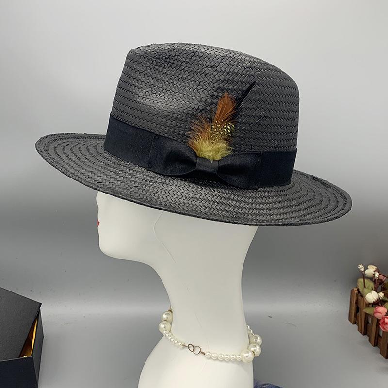 Eay Eight - Point Hand - Woven Straw Top Hat for Travel, Feather Jazz Style