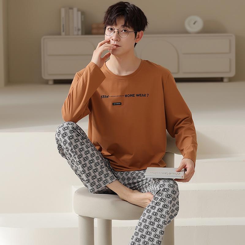 Тип Пижамный костюм из чистого хлопка на осень-зиму для мужчин с длинными рукавами из хлопка, комплект домашней одежды для мужчин, мягкая домашняя одежда для мужчин