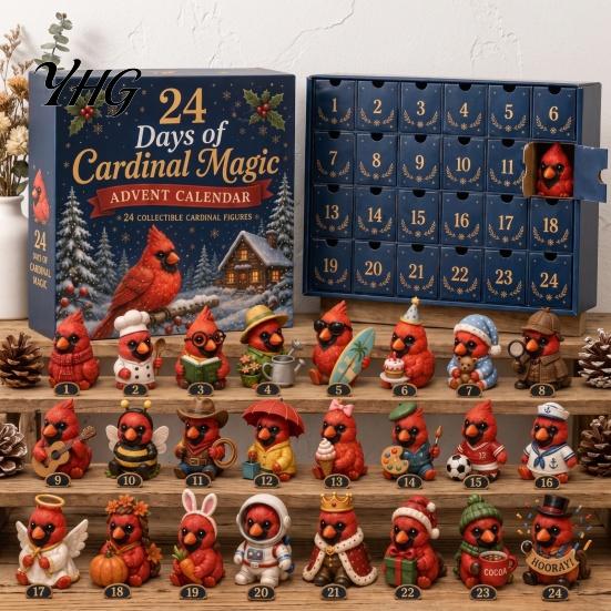 Farmhouse Style Holiday Accents Magic Animal Advent Calendar, 24-Day Highland Cow/Cat/Sheep/Red Bird Acrylic Ornament Set, Mini Cow Figurines 2D Flat