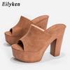 Eilyken Summer Roma Platform Heel Women Slippers Open Toe Wooden Bottom Slides Ladies Shoes