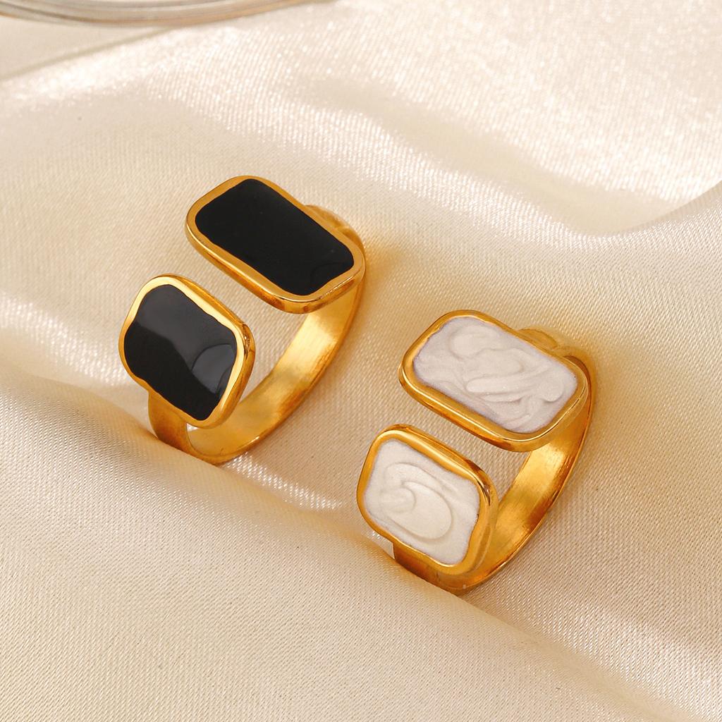 Stainless Steel White Dripping Oil Opened Ring for Women Square Vintage Gold Color Geometric Adjustable Finger Ring Jewelry