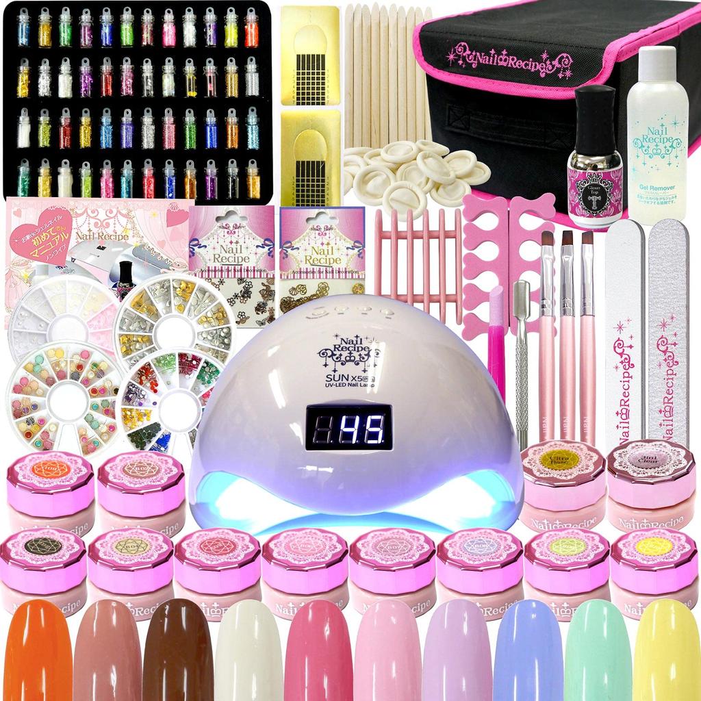 NailRecipe Gel Nail Starter Kit with Complete Tools, 10 Colors, 48W LED Light, Set B (Bright Color)