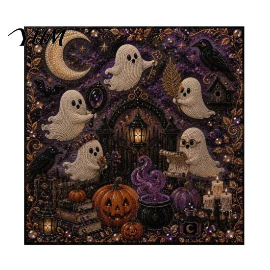 Seasonal Decorative Wall Hanging Halloween Ghost Pearl Painting Kit, 3D Art DIY Spooky Handmade Fall Craft Supplies Cute Cat Crow Kit for Adults, Home