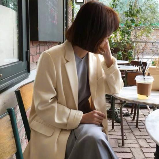Women Suit Coat Lapel Long Sleeve Single Breasted Suit Jacket with Pockets Solid Color Loose Fit