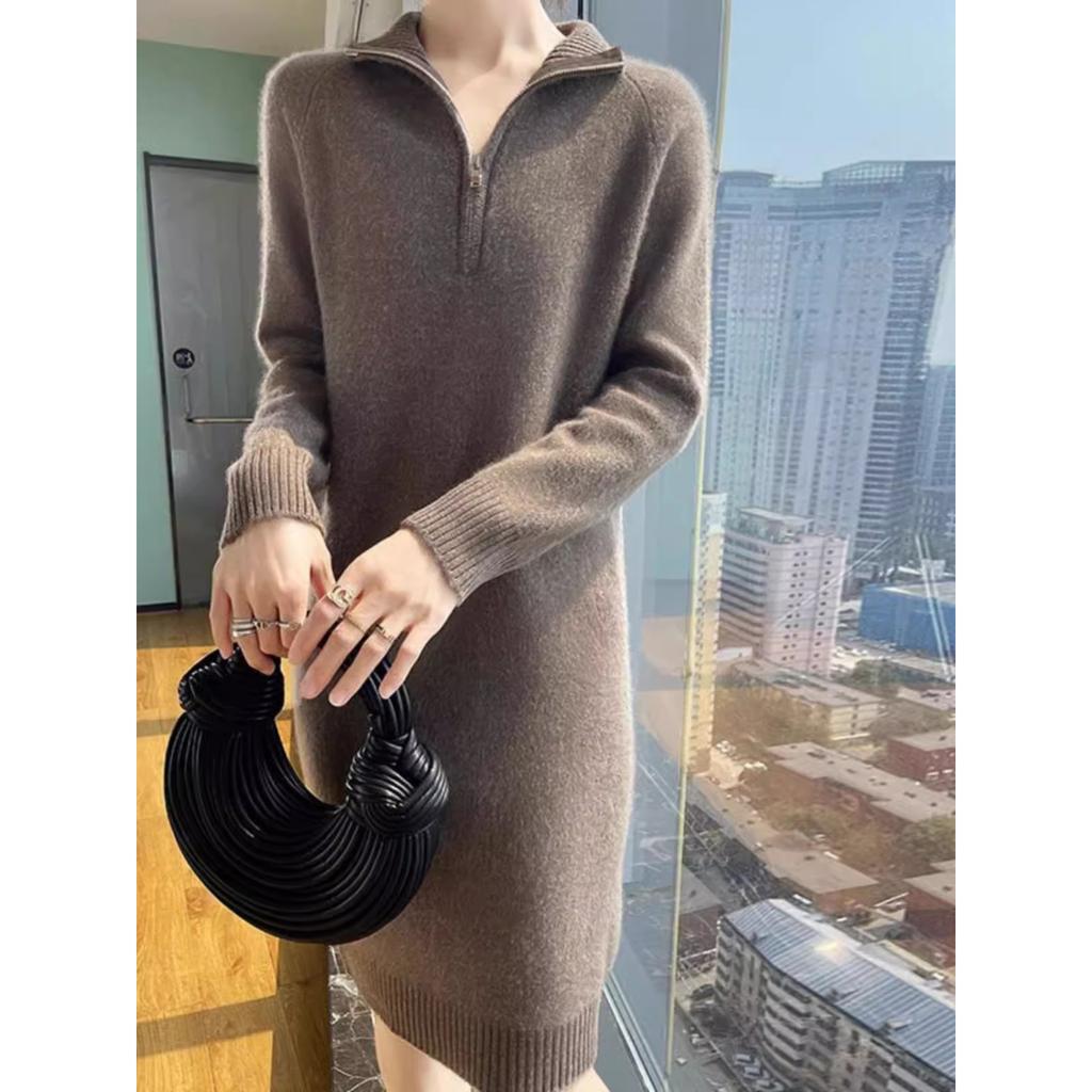 Semi-turtleneck Zipper Sweater Skirt Autumn and Winter New Lazy Long Loose Large Size Knitted Dress Women