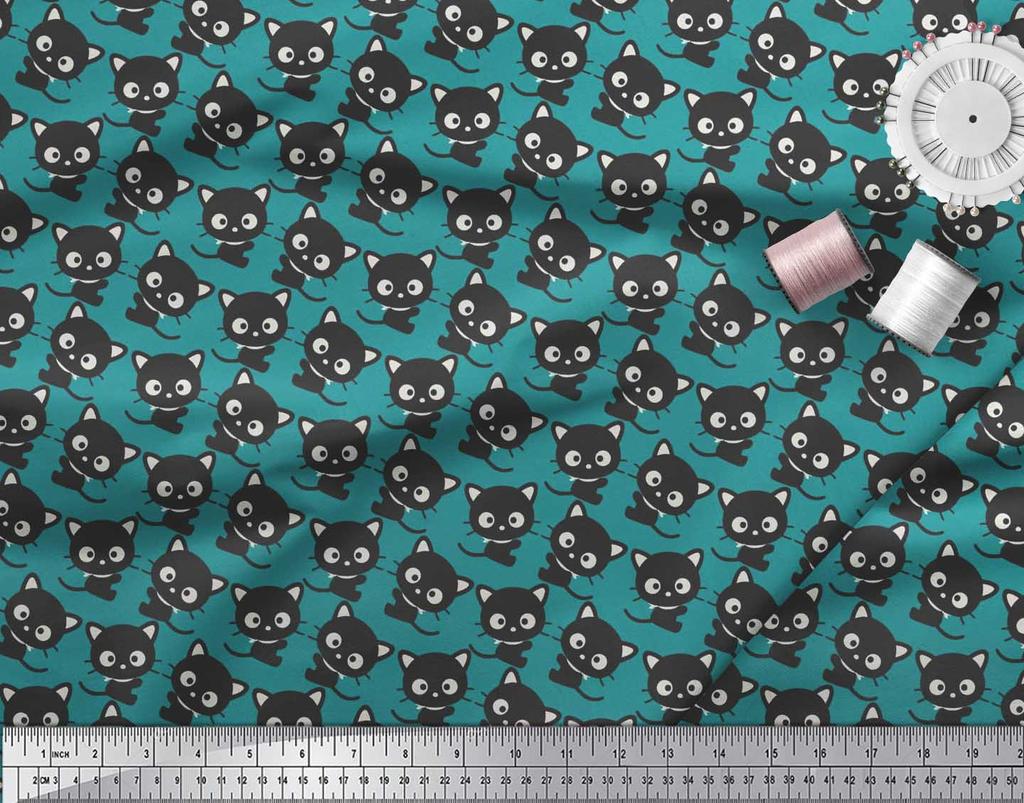 Soimoi Japan Crepe Satin Fabric Cat Cartoon Print Fabric by metre 42 Inch