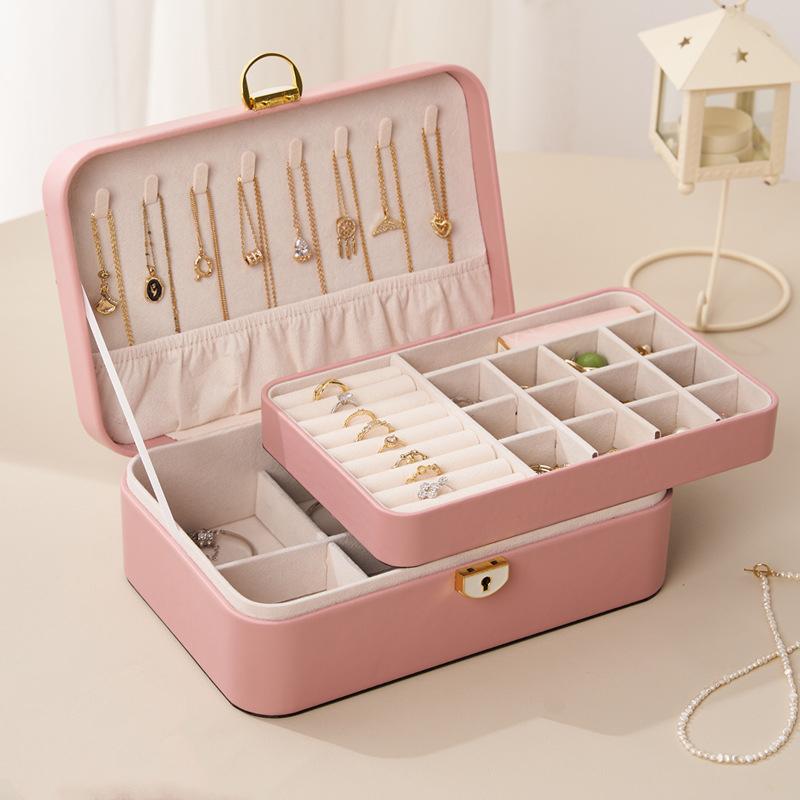 Двойная шкатулка для хранения ювелирных изделий, ожерелий, сережек, колец, ювелирных изделий, настольная шкатулка для хранения ювелирных изделий с несколькими отделениями и замком