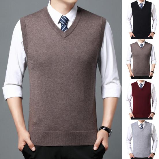 Men Vest Sweater V Neck Sleeveless Slim Fit Solid Color Knitted Pullover Slim Fit Mid Length Thickened Business Style Sweater