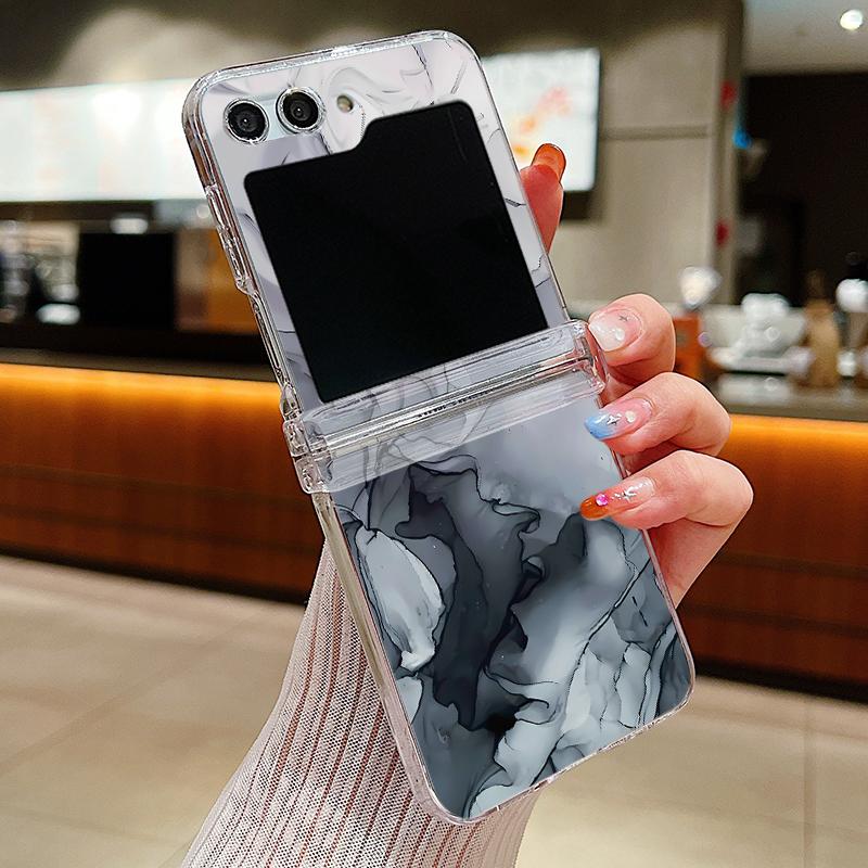 Ink Marble Pattern Clear Phone Case For Samsung Galaxy Z Flip5 Flip7 Flip6 Folding Hard Cover For Samsung Z Flip 7 6 5 4 3 5G