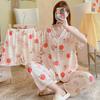 Short-Sleeved Pajamas Three-Piece Korean Version Of Sweet And Cute Cardigan Women'S Loungewear