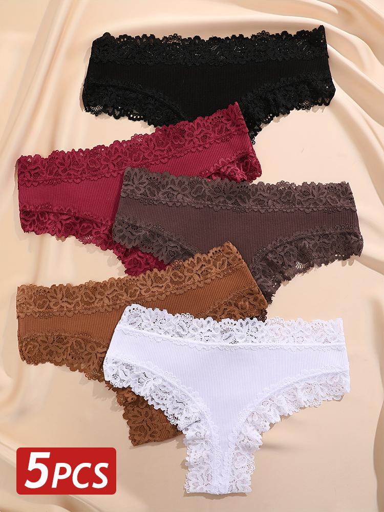 5PCS/Set Women Cotton Panties Sexy Lace Brazilian Panties Low Waist Elastic Thongs Female Comfortable Underwear Solid Color S-XL
