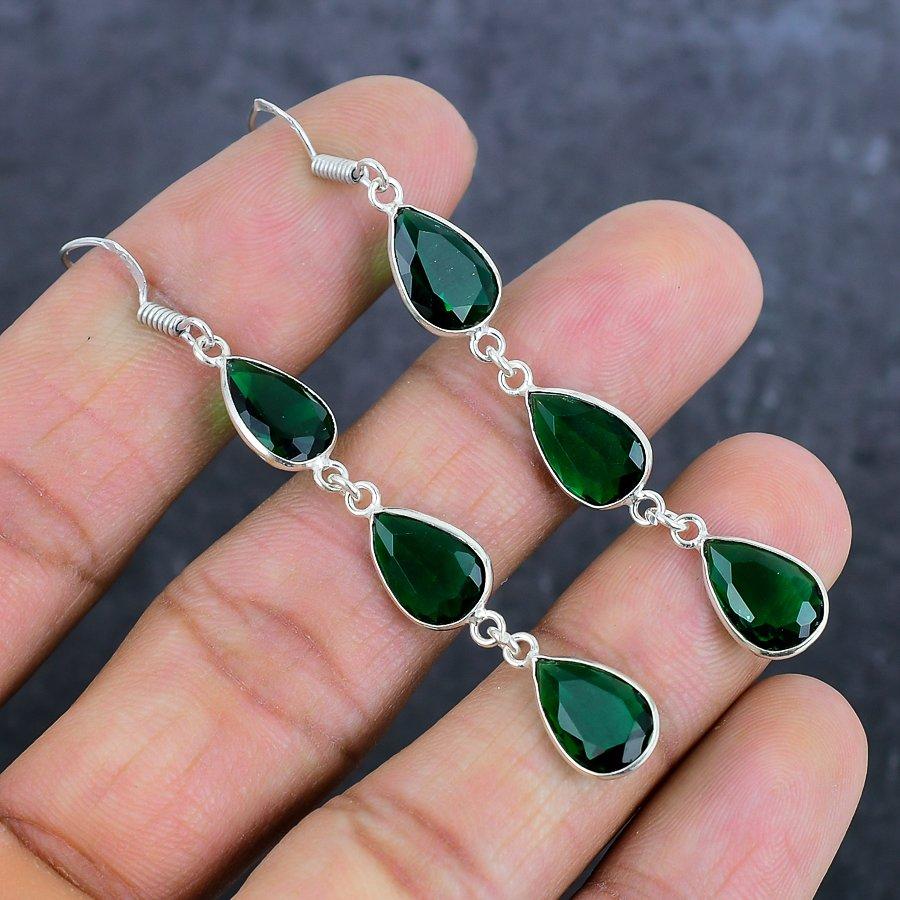 Хромдиопсид Драгоценный камень 925 Стерлинговое серебро Ювелирное изделие Серьга 2.72"