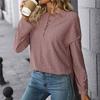 Women Tops Round Neck Long Sleeve Solid Color Loose Fit Shirt Jacquard Design Hollow Lace Pullover