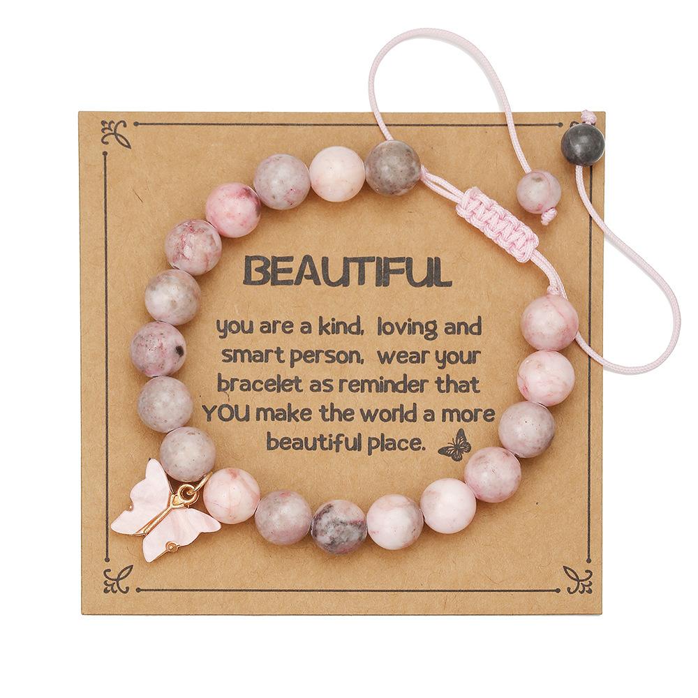 Natural stone beaded bracelet pink woven bracelet butterfly turtle animal pendant with card inspirational jewelry