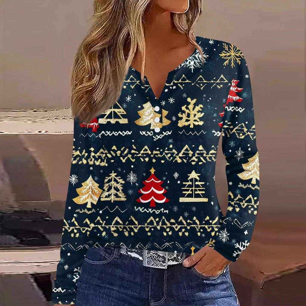 Женская футболка с рождественским принтом на пуговицах с длинным рукавом, повседневная, выходного дня, модная, базовая, с V-образным вырезом, обычная