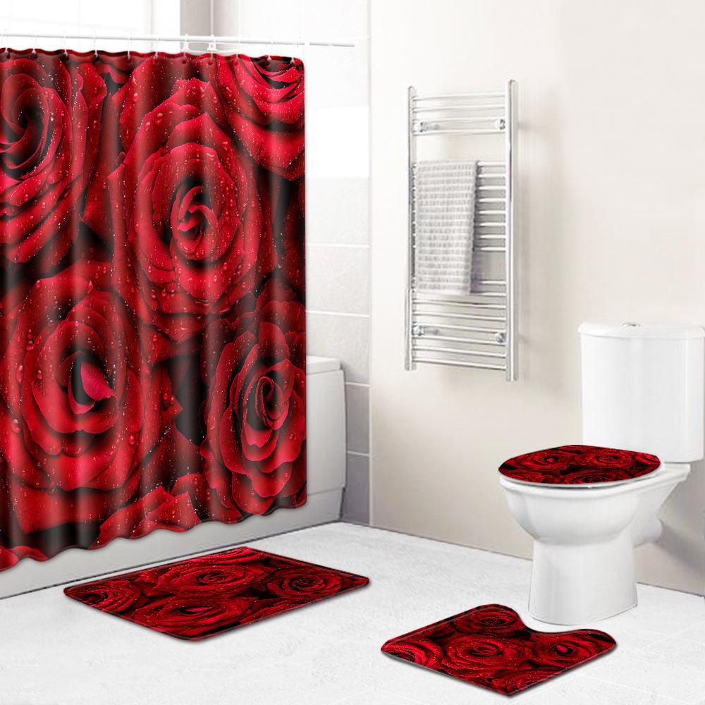 Painted Flowers Bathroom Shower Curtain Floor Mat Toilet Cover Foot Mat Four-Piece Pattern Size Fixed Zhi