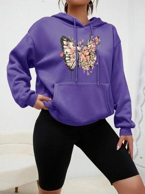 Половина Бабочка Другие Цветочные Принты Толстовка Женская Личность Мультфильмы Толстовка Мода Флис Пуловеры Хип-Хоп Теплая Одежда Женская