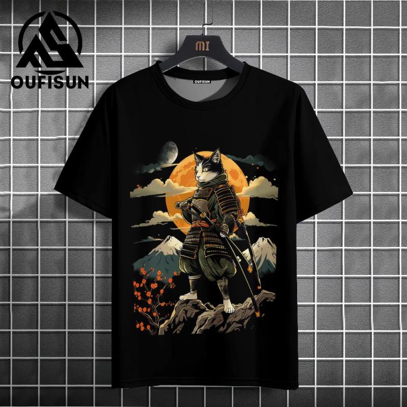 2024 Japanese Style Men's T-Shirt Samurai Cat Pattern T-Shirt Casual Loose Short Sleeved Tees Oversized Men Clothing Tops Summer
