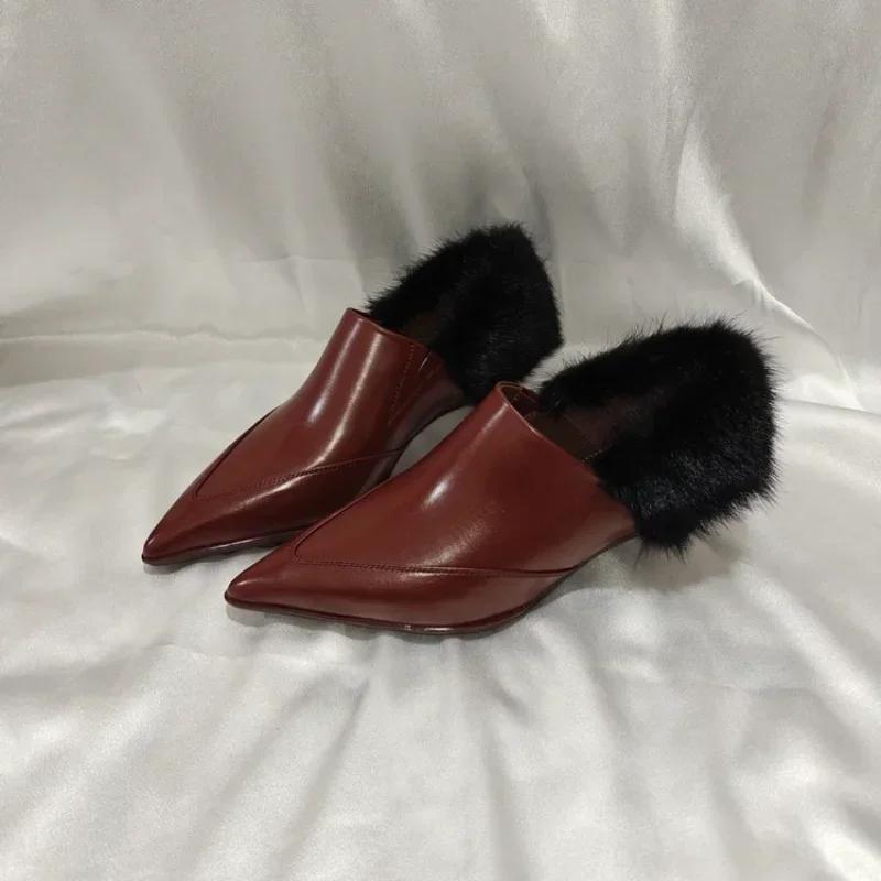 Sexy Women Shoes Fur Pointed Toe Loafers Heels Snow Ankle Boots 2024 Winter Elegant Leather Pumps New Short Plush Boots Mujer
