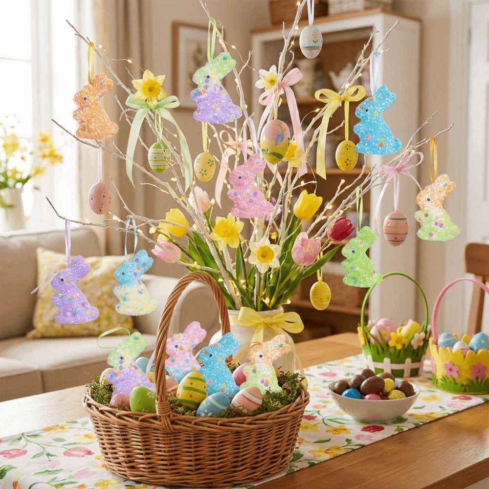 6Pcs Cute Colorful Foam Easter Rabbit Animal Mold Painted Sequin Bunny Ornament Hanging Sparkle Rabbit Figurine Celebration