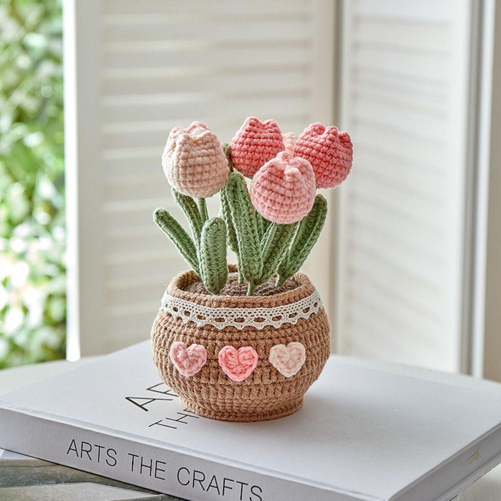 Handmade Woolen Yarn Flowers Crochet Knitting Kit No Finish Tulip Potted Flower Desktop Ornament