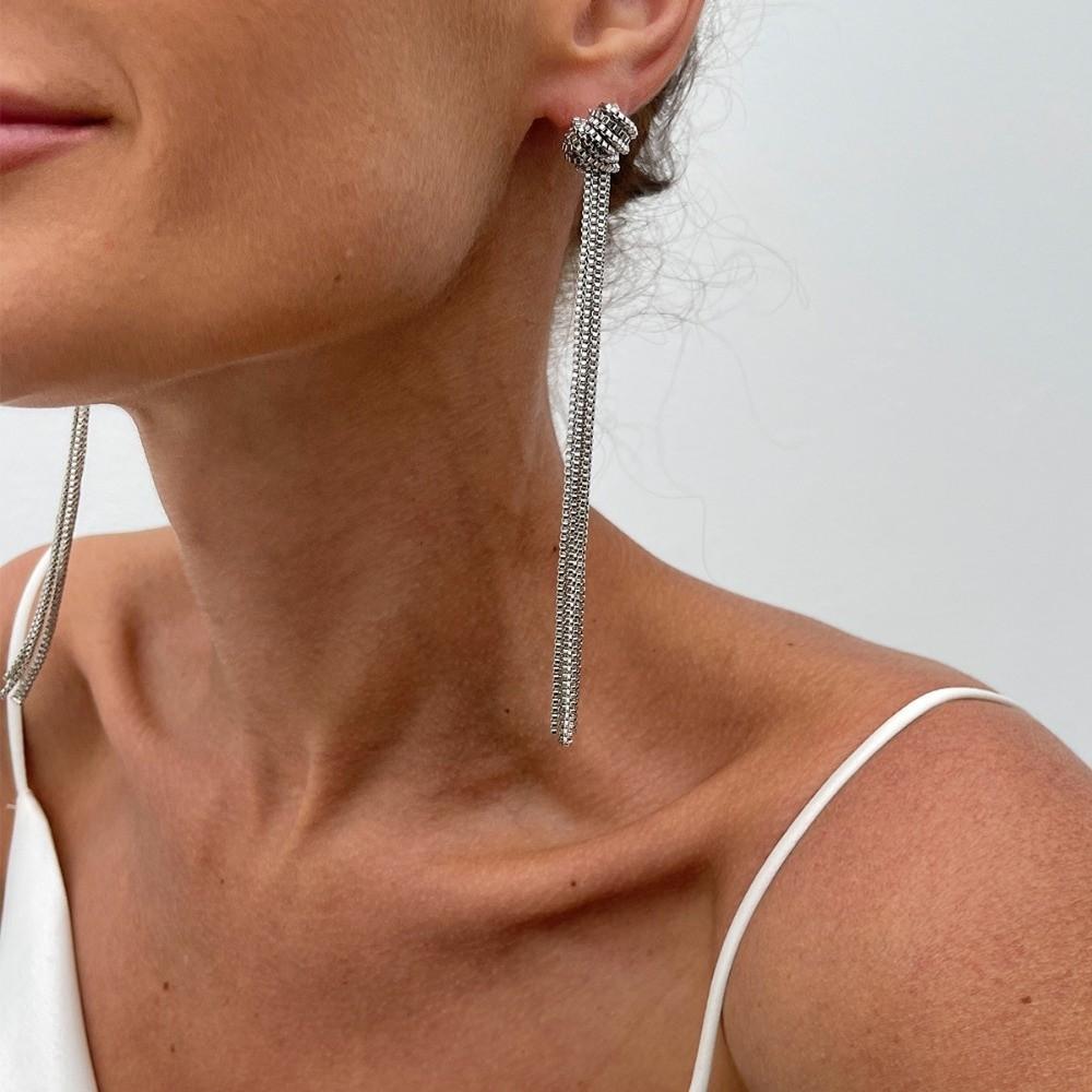 Long Tassel Tassel Pendant Necklace Metal Material Jewelry Set Earrings Set  Ladies Accessories