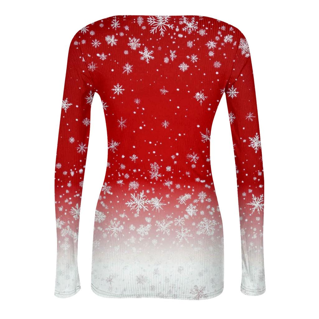 Женская мода Slim Bottom Casual с длинным рукавом и рождественским принтом пуловер с U-образным вырезом
