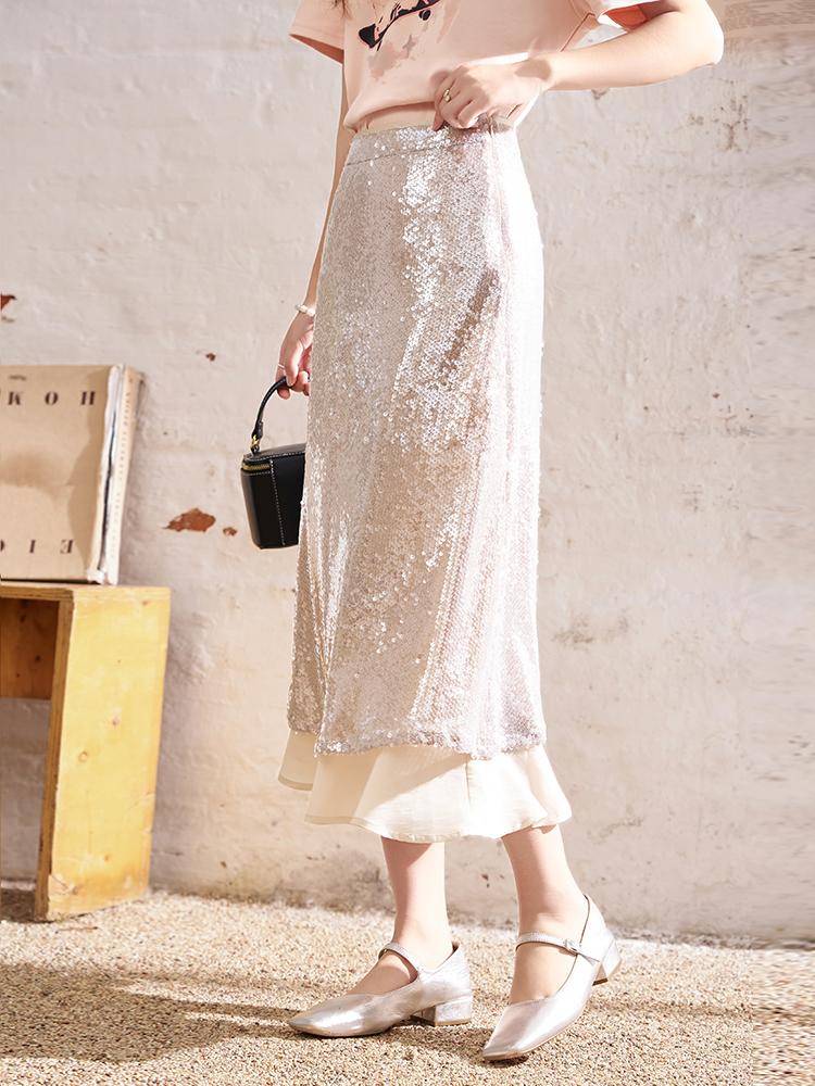 Mishow Women Skirt 2024 New Spring High Waist Elegant Niche Design All-match Sequins A-line Skirts MXD11B0203