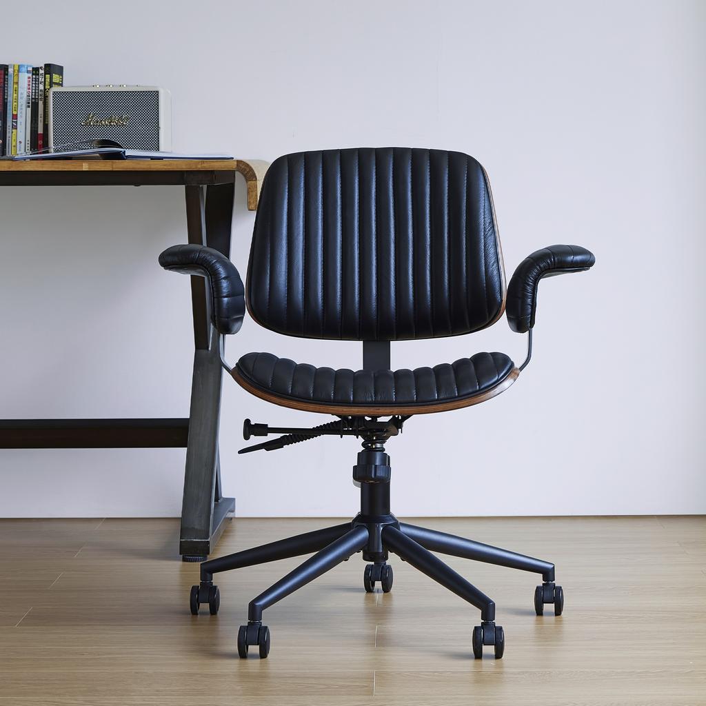 Home Office Desk Chair, Leather Ergonomic Computer Chair with Wheels and Oak Armrests, Height-Adjustable Chair with Swivel Function for Executives