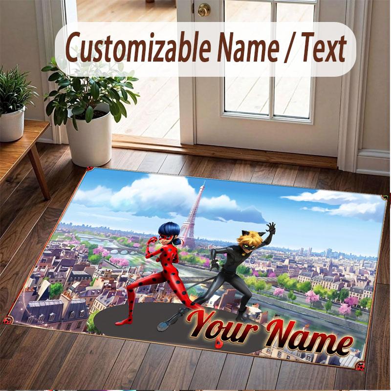 Custom Name Text Crystal Velvet Rug,Miraculous Ladybug Soft Plush Decorative Non Slip Floor Carpet