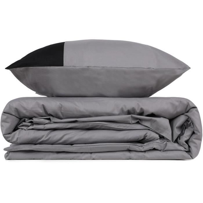 Parure de lit - 1 housse de couette 220 x 240 cm + 2 taies d'oreiller 60 x 60 cm - 100% coton renforcé - Gris