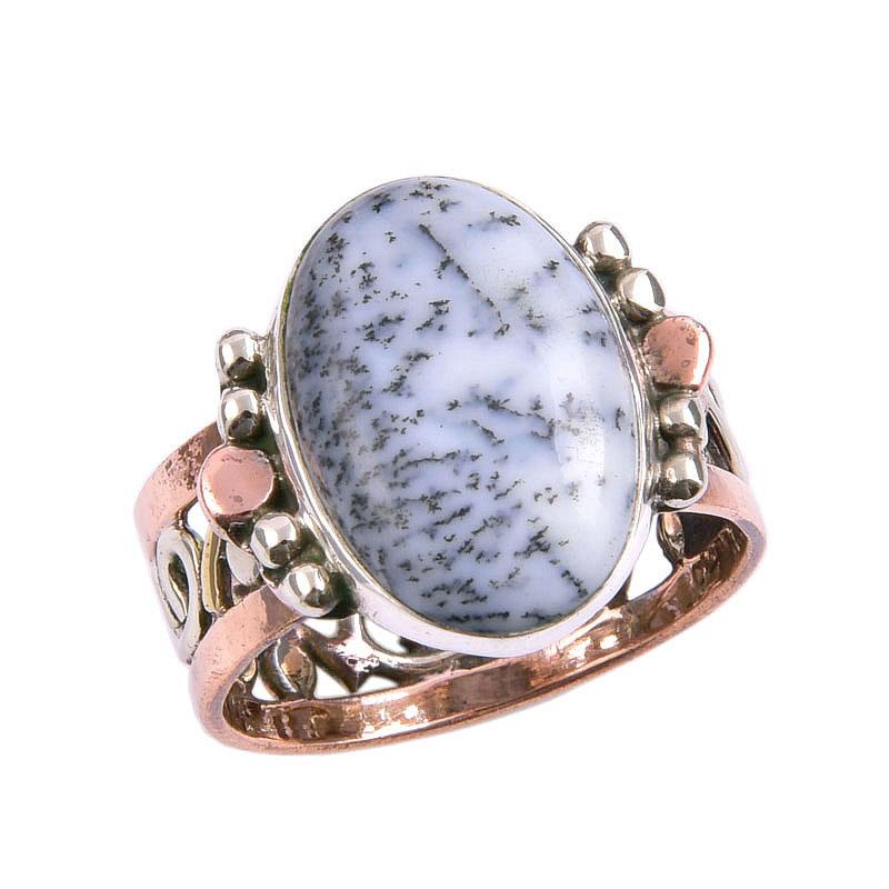 Natural Dendrite Opal Gemstone Two Tone 925 Sterling Silver Ring Size 8.5 D5U94