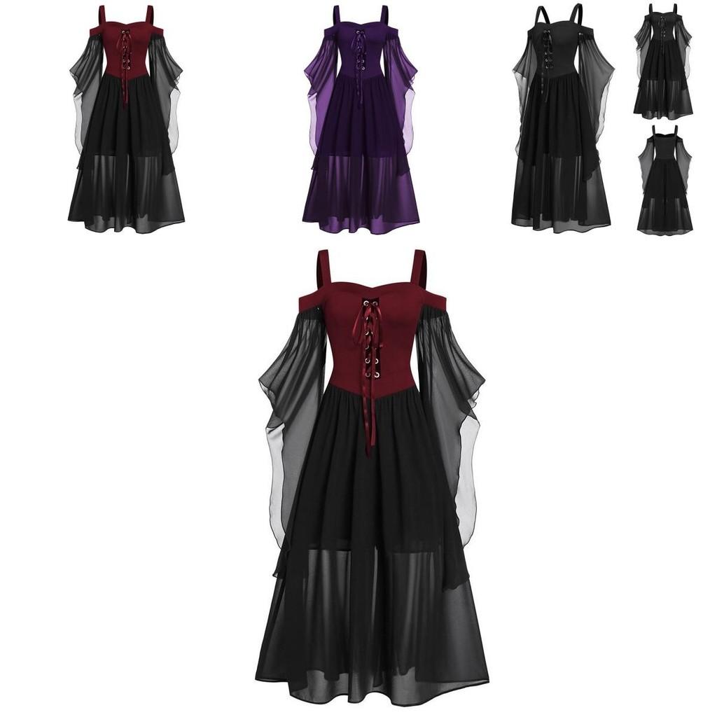 Хэллоуинское платье ведьмы Готический средневековый костюм для косплея С открытыми плечами Высококачественная полиэстеровая ткань