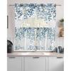 Kitchen Curtains Sets 24 Inch Length with Valance, Abstract Art Blue Leaves Branches Swag Valances for Windows and Tiers Curtain Set, Light Filtering