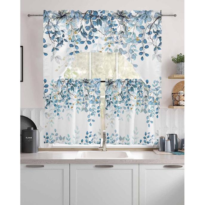 Kitchen Curtains Sets 24 Inch Length with Valance, Abstract Art Blue Leaves Branches Swag Valances for Windows and Tiers Curtain Set, Light Filtering